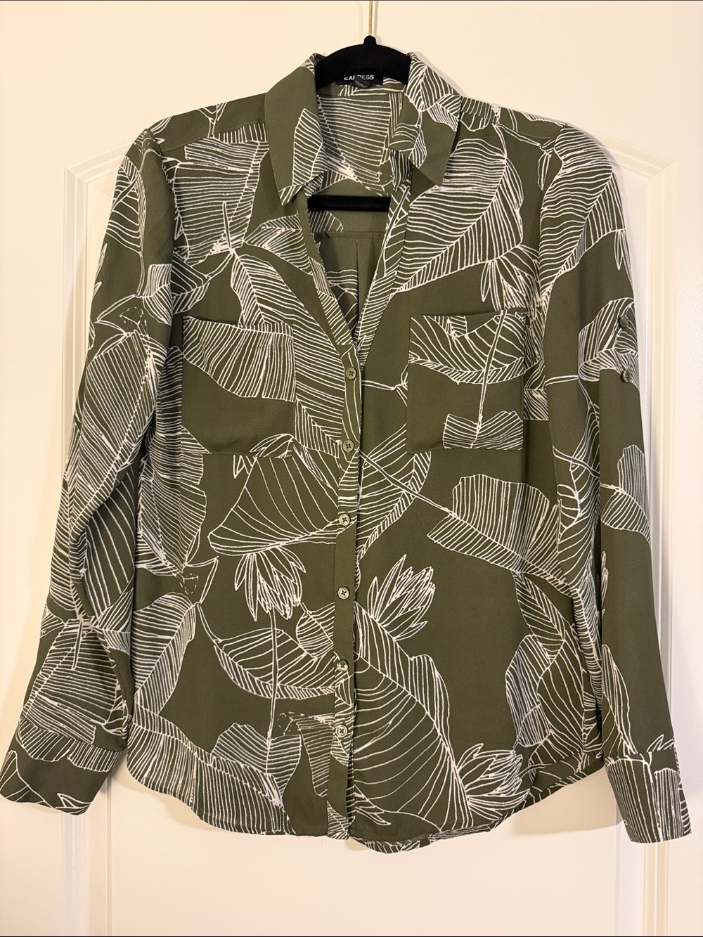Express Portofino Olive Green Printed Button-Down Shirt XS